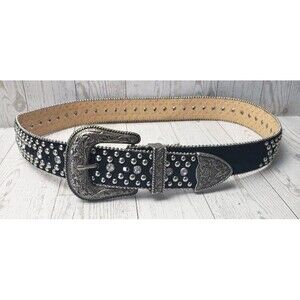 Guess Women’s Western Rhinestone Studded Belt Silver Engraved Buckle Black M